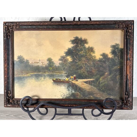 Vintage 1907 Taber Prang Art Chromolithograph Print Lake Dock Scene 15"x10" - Picture 2 of 9